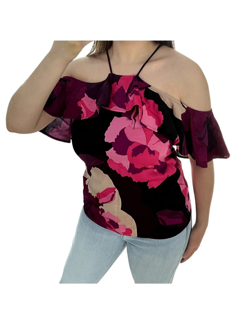 Trina Turk Olan Cold Shoulder Ruffle Halter Blouse S Romantic Floral